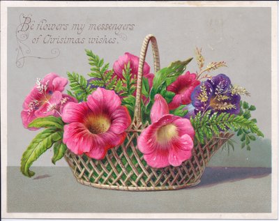 Viktoriánus karácsonyi képeslap virágokkal fonott kosárban, 1880 körül (színes litó) alkotó: English School