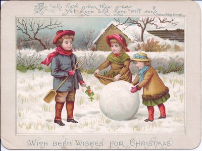 Viktoriánus karácsonyi képeslap három gyerekkel, akik egy nagy hógolyóval játszanak, 1880 körül (színes litográfia) alkotó: English School