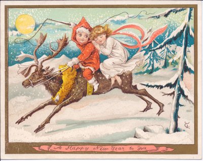 Viktoriánus újévi kártya egy lány és egy fiú tündérről egy rénszarvason egy holdfényes havas éjszakán, 1880 körül (színes litó) alkotó: English School