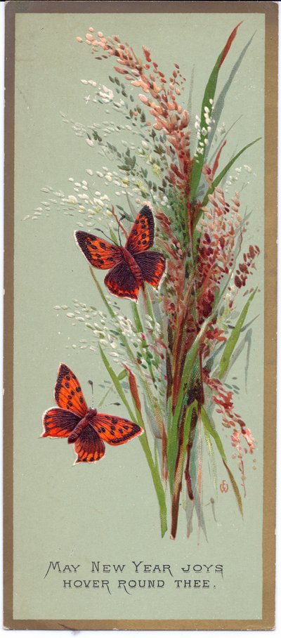 Egy viktoriánus újévi kártya két pillangóval, magas füvek között, 1880 körül alkotó: English School
