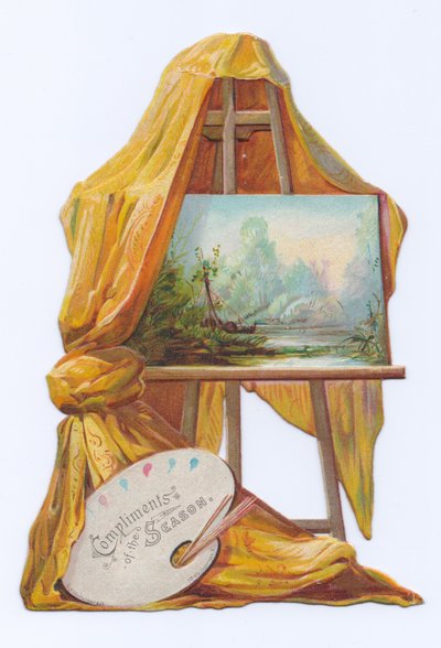 Viktoriánus korabeli formavágott kártya egy festményről egy festőállványon, rajta egy drapériával, 1880 körül (színes litográfia). alkotó: English School