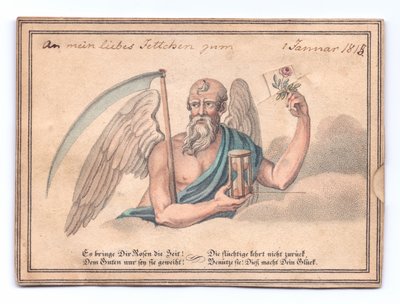Viktoriánus üdvözlőlap a kaszával és homokórával, rózsát tartva, 1815 körül (színes litó) alkotó: English School