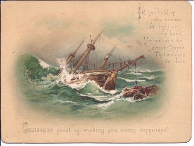Eine viktorianische Durchlicht-Weihnachtskarte eines Schiffes in stürmischer See. Wenn die Karte vor eine Lichtquelle gehalten wird, erscheint ein Schutzengel, ca. 1898 von English School