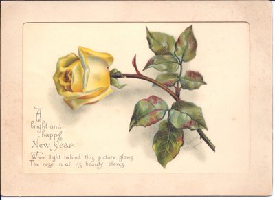 Egy viktoriánus, fényben tartó újévi kártya sárga rózsával. Ha a kártyát fényforrás elé tartjuk, a rózsa bimbója teljes virágzásba kezd, 1898 körül alkotó: English School