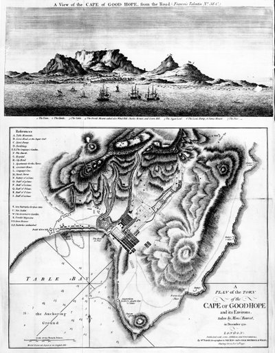 A Jóreménység-fok látképe és a Jóreménység-fok városának és környékének terve, megjelent 1795-ben. alkotó: English School