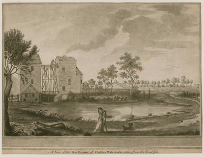 A Chelsea Waterworks tűzoltóautójának képe, az út széléről alkotó: English School