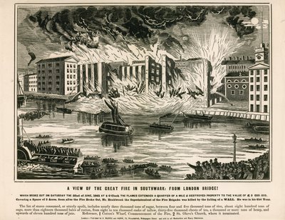 Kilátás a nagy tűzre Southwarkban, a London Bridge-ről alkotó: English School