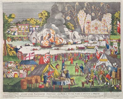 Kilátás a Naumachyra, Tűzijáték és vásár a Hyde Parkban a béke tiszteletére, G. Thompson, 1814 alkotó: English School