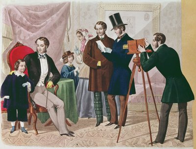 Látogatás a fényképésznél, 1857 (színes metszet) alkotó: English School