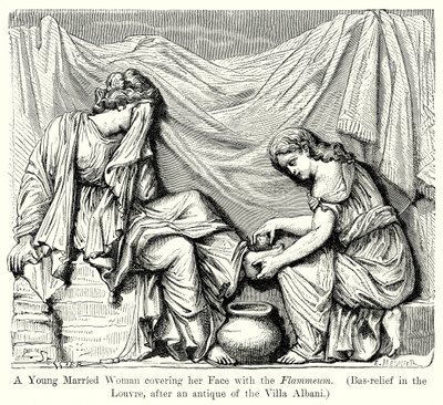 Egy fiatal férjes asszony, aki arcát lángossal borítja be. (Bas-Relief a Louvre-ban...) (metszet) alkotó: English School