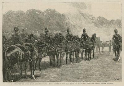 A Royal Horse Tüzérség ütegje királyi tisztelgést lőtt a Hyde Parkban, amikor a harangok kihirdették a Birodalmi Intézet megnyitását alkotó: English School