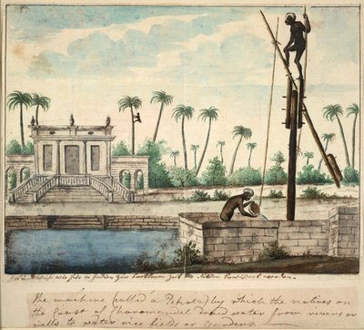 Öntözést bemutató gyarmati kert, 1787 körül (akvarell papíron) alkotó: English School