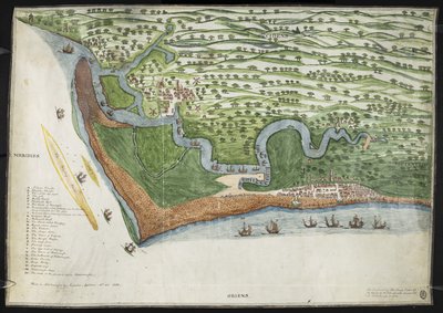 Suffolk partjainak madártávlatának vagy térképének színes fakszimile másolata Aldertontól Aldboroughig, beleértve az Orford Nesst (vellum) alkotó: English School