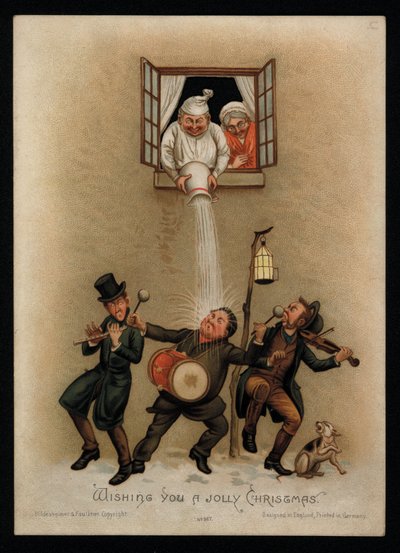 Egy pár kifogásolja az énekeseket az ablakon kívül, karácsonyi üdvözlőlap (chromolitho) alkotó: English School