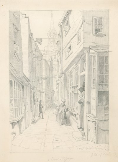 Egy udvar vagy átjáró a St Martins Church közelében, Londonban, 1828. július alkotó: English School