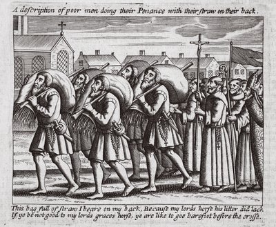 Szegény férfiak leírása, akik szívószálukkal a hátukon végzik a bűnbánatot, John Foxe illusztrációja a Cselekedetek és emlékművekből, kilencedik kiadás, kocsma. 1684 alkotó: English School
