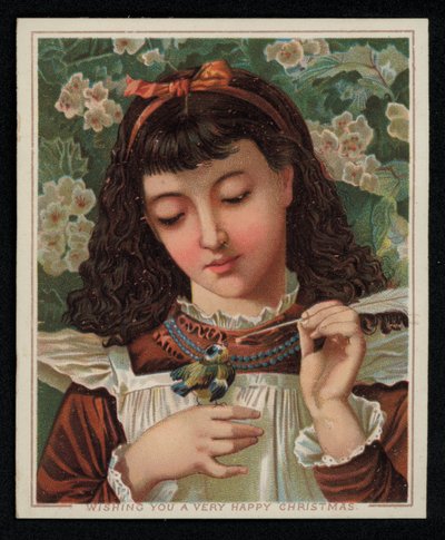 Egy lány etetés egy kék cinege, karácsonyi üdvözlőlap. (chromolitho) alkotó: English School