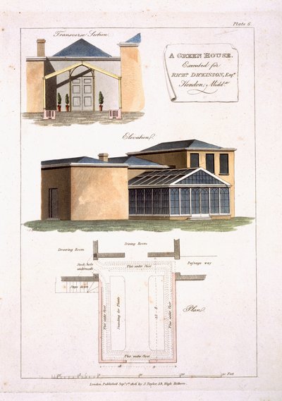 Gótikus részletekkel díszített üvegház egy neoklasszikus stílusú házhoz csatolva Richard Dickinson Esq számára Hendonban, Middlesexben, 1806 alkotó: English School