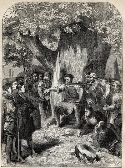 Másként gondolkodók csoportja Norfolkban Robert Kett 1549-es lázadása idején - lázadás Norfolkban, Angliában VI. Edward uralkodása alatt - Ket, a Tímár (1492-1549) Követőit a reformáció tölgye alá vonja - metszet „Anglia történelméből” ” b alkotó: English School