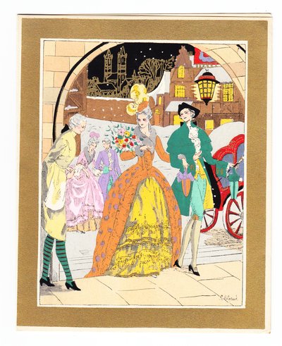 Kézzel színezett francia Pochoir karácsonyi kártya, amely egy lakájt ábrázol, aki egy pár látogatót köszönt Regency ruhában, 1920 körül alkotó: English School