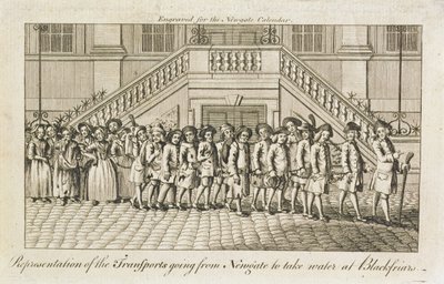 Az Old Bailey állambeli Newgate börtönből láncra vert elítéltek sorát szállítják Blackfriarsbe, 1760 körül alkotó: English School