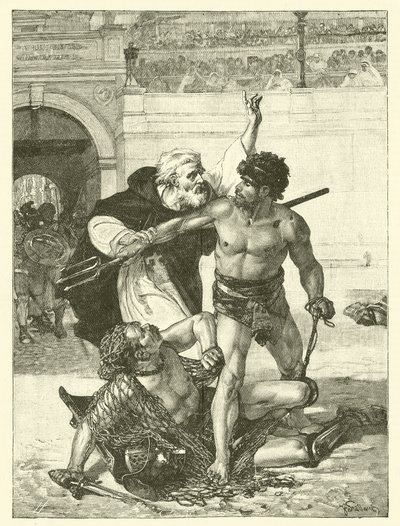 Egy szerzetes, Telemakhus, aki megpróbálja megállítani a gladiátorjátékokat a Colosseumban, Róma (metszet) alkotó: English School
