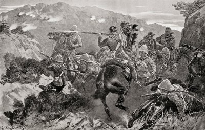 A 13. huszárok pikette a Tugela folyó közelében, a Huszárdomb, KwaZulu-Natal tartományban, a második búr háború idején, Louis Creswicke „Dél-Afrika és a transzvaali háború” című művéből, 1900-ban (litho) alkotó: English School