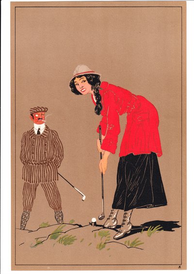 Két golfozó képmása komikus és humoros testtartásban, 1920 körül alkotó: English School