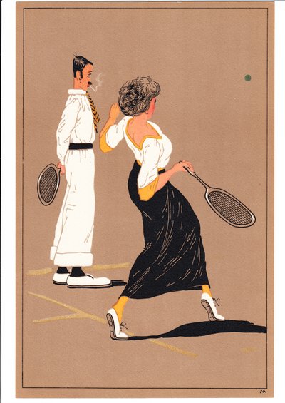 Két teniszezőt ábrázoló nyomtatvány vicces és humoros testtartásban, 1920 körül (színes litográfia) alkotó: English School