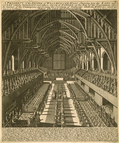 Kitekintés a Westminster Hall belsejéből, amely bemutatja, hogyan ült a király és a királynő a nemességgel és másokkal együtt vacsorázni a koronázás napján alkotó: English School