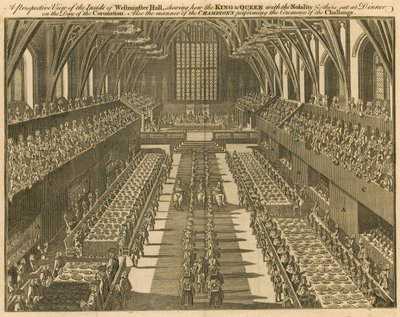 Kitekintés a Westminster Hall belsejéből, amely bemutatja, hogyan ült a király és a királynő a nemességgel és másokkal együtt vacsorázni a koronázás napján alkotó: English School