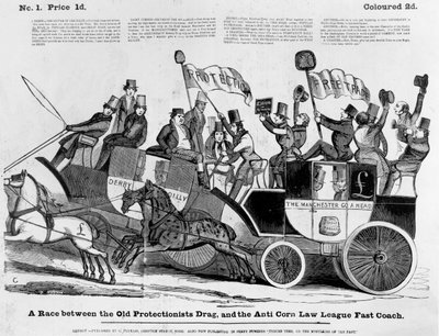 Ein Rennen zwischen dem alten Protectionist Drag und dem Anti Corn Law League Fast Coach von English School