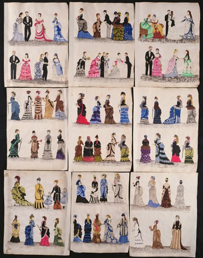 Válogatás viktoriánus divatból, beleértve a báltermi és sétáló ruhákat, 1876 körül (wc papíron) alkotó: English School