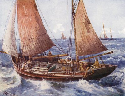 Vonóhálós halászhajó a tengeren (színes litho) alkotó: English School