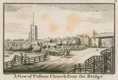 Kilátás a londoni Fulham-templomra a Fulham-hídról alkotó: English School