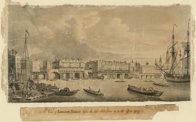 A London Bridge kilátása a késői átalakítás előtt, mint 1757-ben alkotó: English School