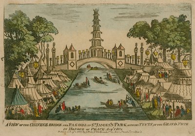 Kilátás a kínai hídra és a Szent Jakab parkban lévő pagodára a sátrakkal a Nagy Ünnepségen a béke tiszteletére, 1814. augusztus 1. alkotó: English School