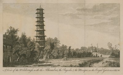 Kilátás a vadonra az Alhambrával, a pagodával és a mecsettel a kew-i királyi kertben alkotó: English School