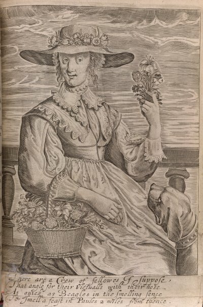 Egy nő virágokkal, illusztrációja Sir John Davies: „A munka senkinek, csak angyaloknak és férfiaknak” című művéből, 1653-ban nyomtatva (litho) alkotó: English School