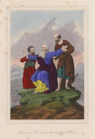 Áron és Húr Mózes kezét fogva tartják (színes metszet) alkotó: English School