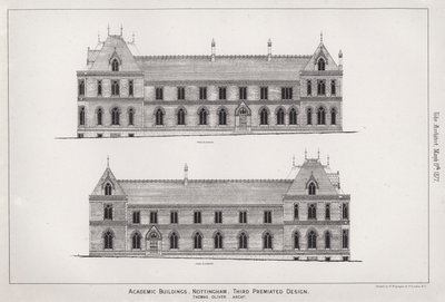 Akademische Gebäude, Nottingham, dritter prämierter Entwurf (Stich) von English School