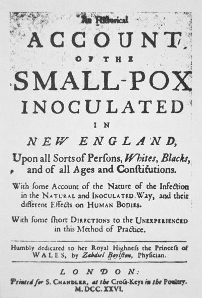 „A New Englandben beoltott himlő beszámolója”, Londonban kiadott füzet (tintával papíron) alkotó: English School
