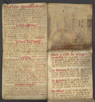 Hozzáadás. 17367, f.1r Almanachból, amely tartalmazza a dominikus betűk és arany számok táblázatát; útmutatás a mozgatható lakomák megtalálásához; szentek naptára, korszakok, angol uralkodók listája, időjárás előrejelzések, állatöv jegyek hatása (vellu alkotó: English School
