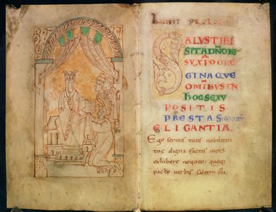 Add 33241 ff.1v-2 Emma királynő, Ethelred II felesége, és Cnut megkapja a könyvet a szerzőjétől; Nagy "S" szöveg alkotó: English School