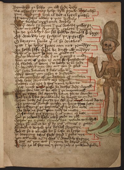Add hozzá 37049 f.32 Egy vigyorgó, integető és magas kalapot viselő csontváz peremképe, „Makabre hajnala” 1460-1500 körüli képe (tinta és szín pergamen) alkotó: English School