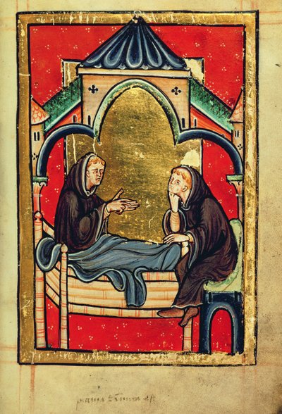 Add hozzá 39943 f.21 Boisil, Cuthbert prior Melrose-ban, halálos ágyán, Bede „Szent Cuthbert élete és csodái” című könyvéből, latin (Durham) (vellum) alkotó: English School