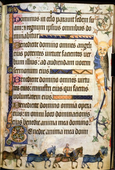 Adja hozzá a 42130 f.182 szöveges lovas rajzkocsit, amely az f.181v-n látható, a „Luttrell Zsoltárból”, c.1325-35 (vellum) alkotó: English School