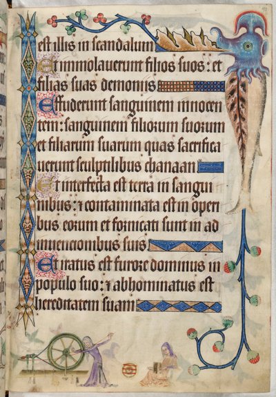 Hozzáadás. 42130, f.193, 105. zsoltár, Gyapjúfonó és kártoló nők, „Luttrell Psalter”, 1325-35 körül (vellum) alkotó: English School