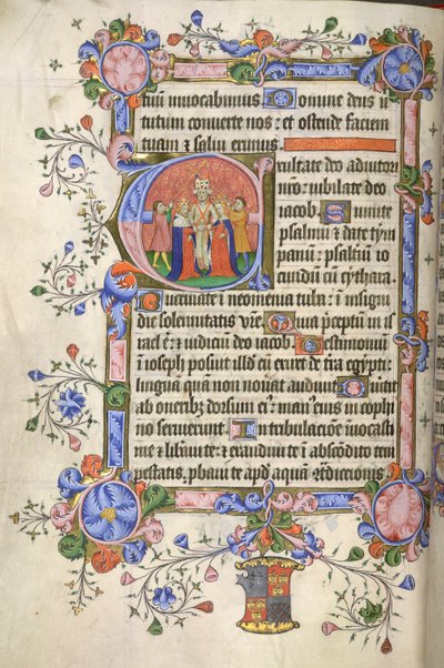 Hozzáadás. 42131 fol.151v 80. zsoltár eleje; kezdeti „E”: David és Michal házassága, mindkettőt megkoronázták, a Bedford Psalter and Hoursból alkotó: English School