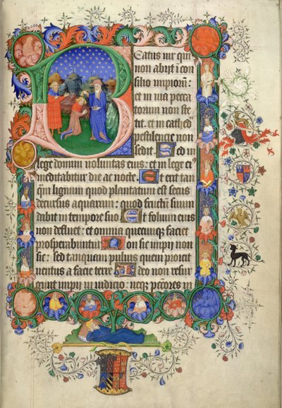 Hozzáadás. 42131 fol.73 1. zsoltár, „B” kezdőbetűvel kezdődően; Dávidot Sámuel felkent, Jesse figyelte, a Bedford Zsoltárból és az órákból alkotó: English School